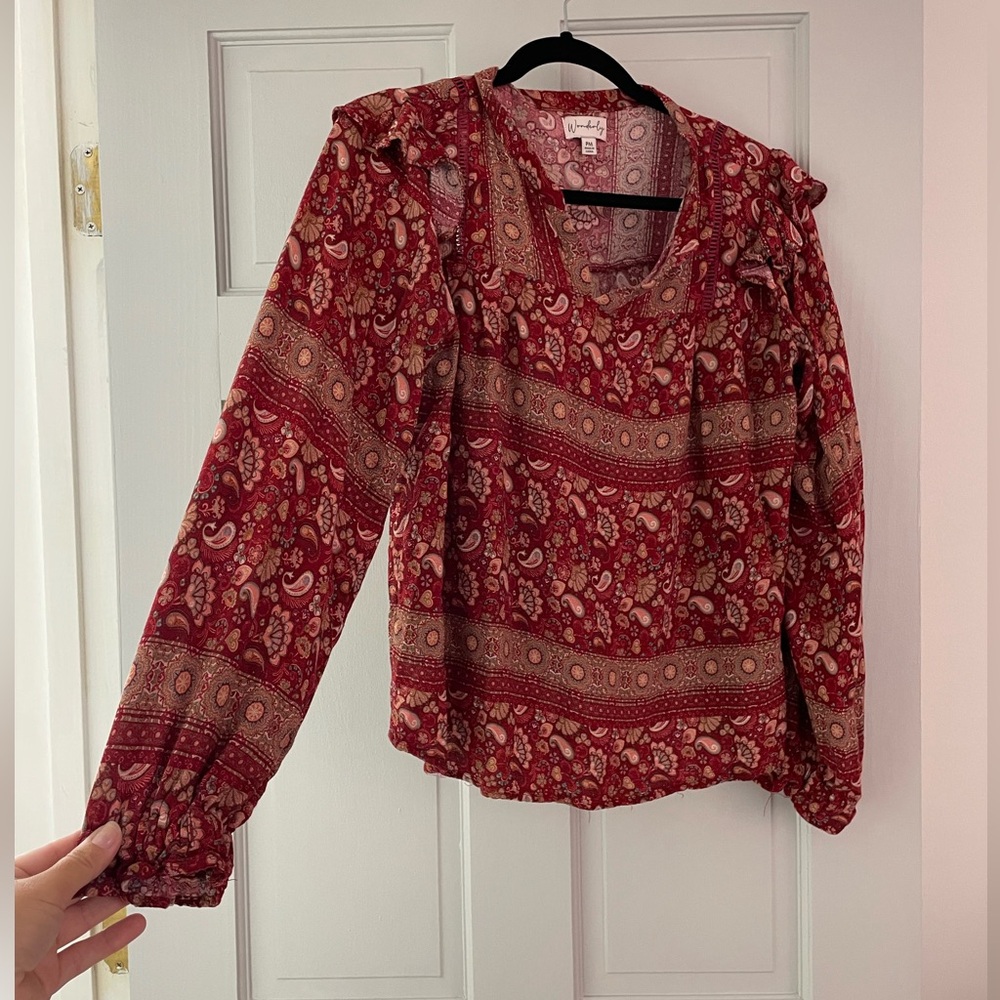 Euc Wonderly long sleeve red boho peasant blouse size petite medium